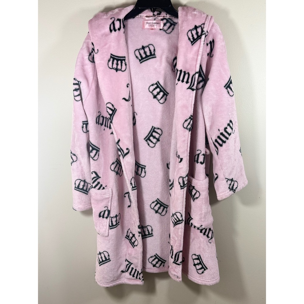 Juicy Couture Plush Hooded Robe Women's L/XL Pink Cozy Y2K Lounge